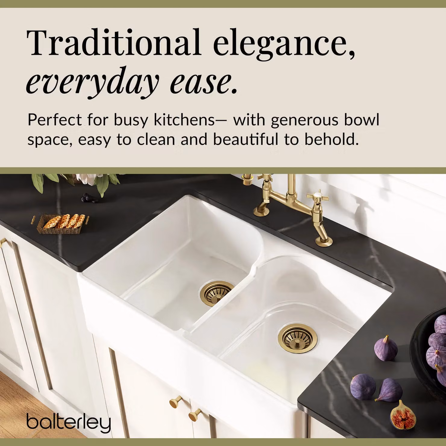 Balterley White Ceramic 2 Bowl Stepped Weir Butler Sink with Wastes and Tap, W: 79.5 cm – 3
