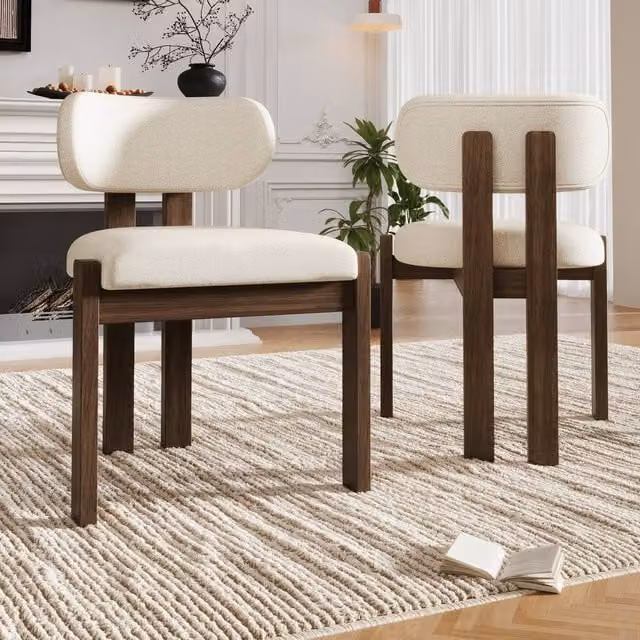ModernLuxe Set of 2 Solid Wood Dining Chairs with Boucle Upholstery in Walnut and Beige