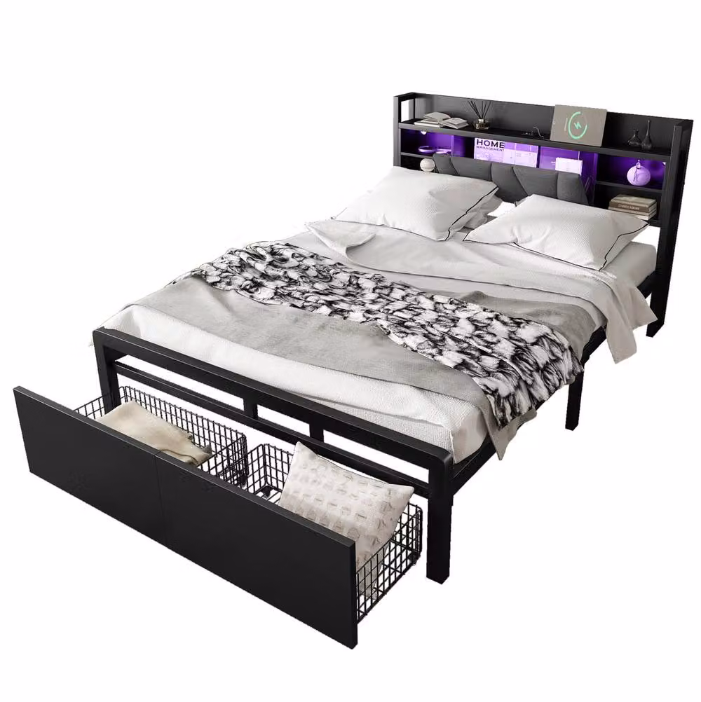 STILVORA Double Metal Bed in Black with Drawers, LED Lighting and USB Charging Port, W/D/H: 140 x 200 cm – 4