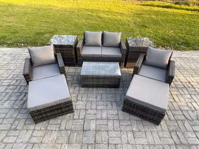 Fimous 6 Seater Grey Rattan Garden Furniture Set with Upholstered Cushions and Coffee Table