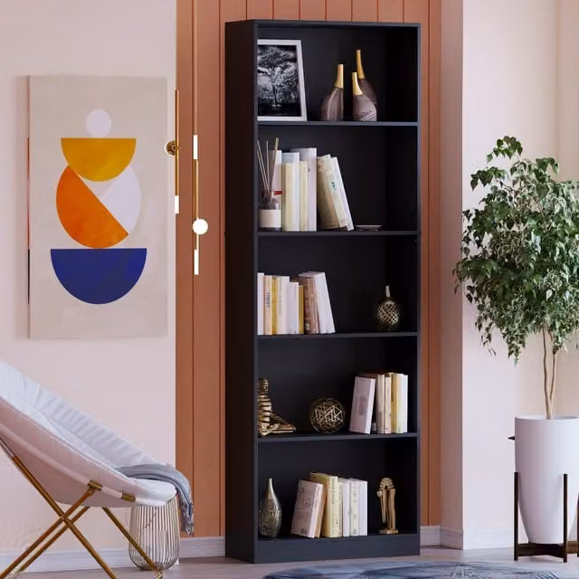 Vida Designs Cambridge Modern Black Bookcase with 5 Shelves, Height: 175 cm