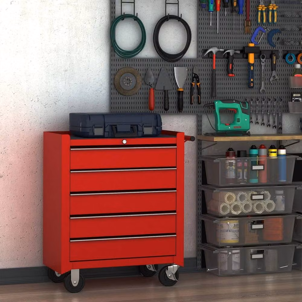 NESTLUNE Steel Tool Trolley with 5 Drawers in Red – 3