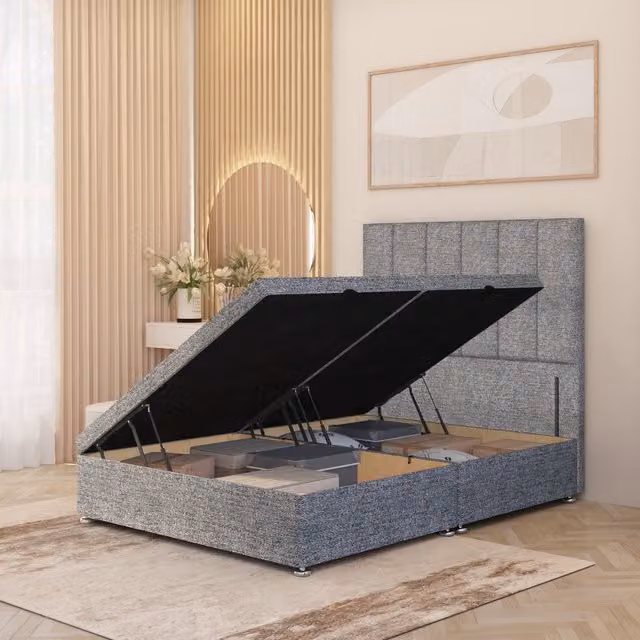 Somnior Beds Ltd Austin Small Single Ottoman Bed with Side Opening and Floor Standing Headboard in Grey Tweed Fabric and Solid Wood