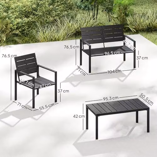 Outsunny 4 Piece Garden Furniture Set in Black with 2 Seater Sofa, Armchair, and Coffee Table – 6