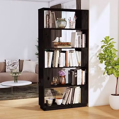 vidaXL Modern Black Solid Wood Pine Book Cabinet and Room Divider, W: 80 cm, D: 25 cm, H: 163.5 cm – 2