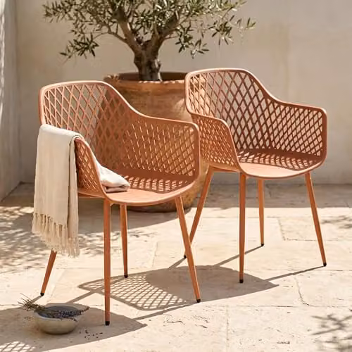 Sunray Set of 2 Lattice Armchair Bistro Dining Chairs with Powder-Coated Steel Legs for Outdoor and Indoor Use – 4