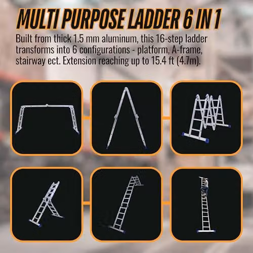 NOVECRAFTO 6 in 1 Multi-Purpose Aluminium Combination Ladder, Silver and White, Max Load 150 kg, 4.7 m Height – 4