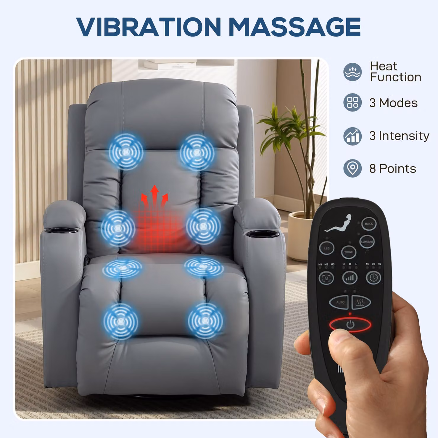HOMCOM Grey PU Leather Massage Recliner Armchair with Swivel and Manual Lever Function – 4