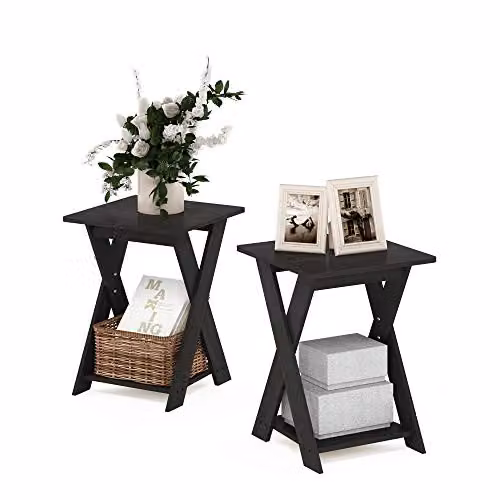 Furinno Set of 2 Modern Espresso Side Tables with X-Frame Design and Open Shelving