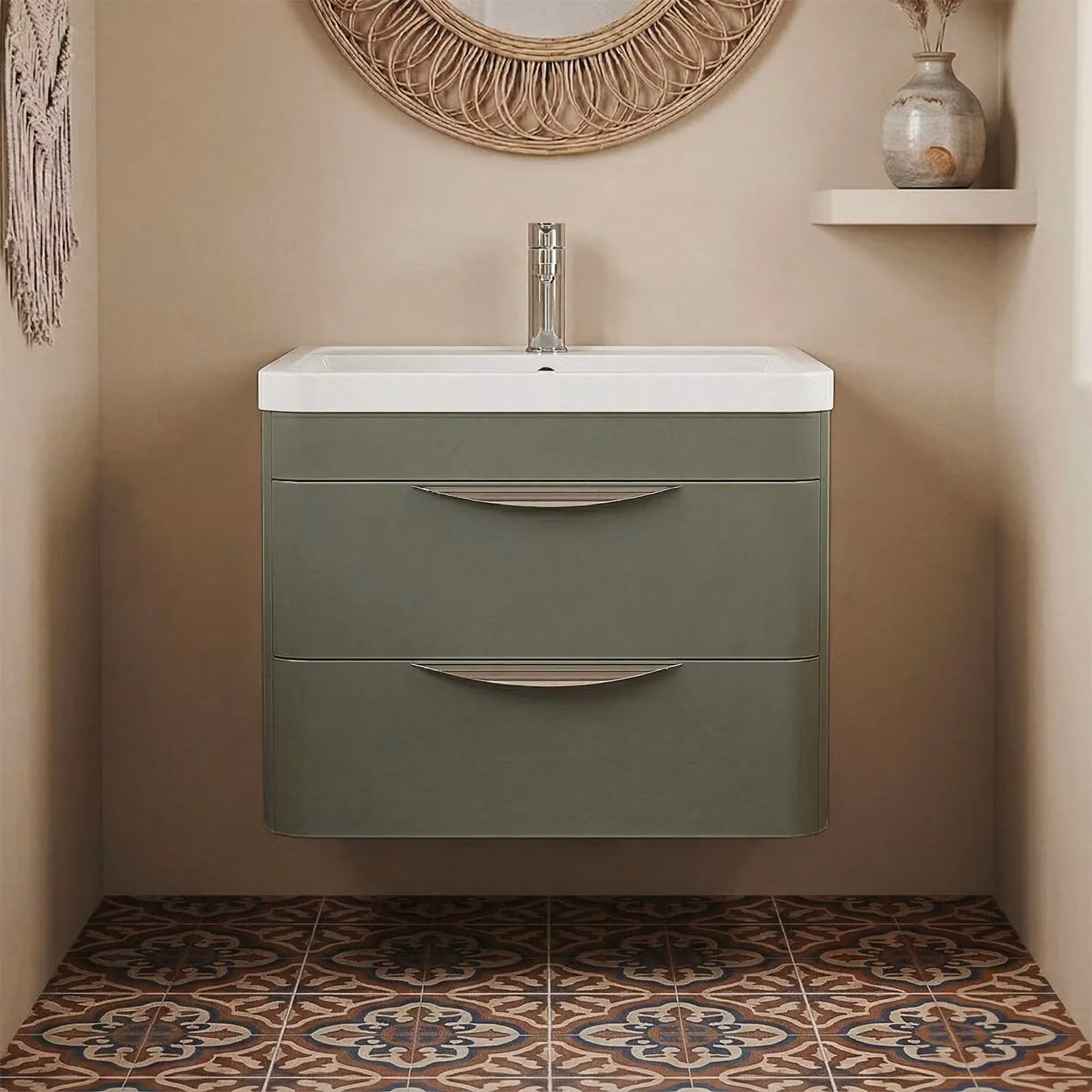 Balterley Contemporary Wall Hung 2 Drawer Bathroom Vanity Unit, Green, W: 60 cm – 4