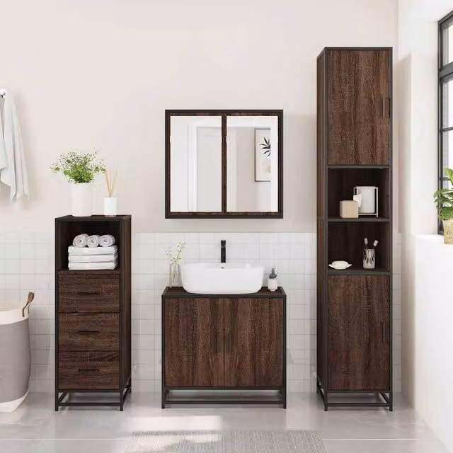 Berkfield Home Brown Oak Bathroom Cabinet with Open Shelf and Hinged Doors, W/D/H: 35 x 37.5 x 100 cm – 1