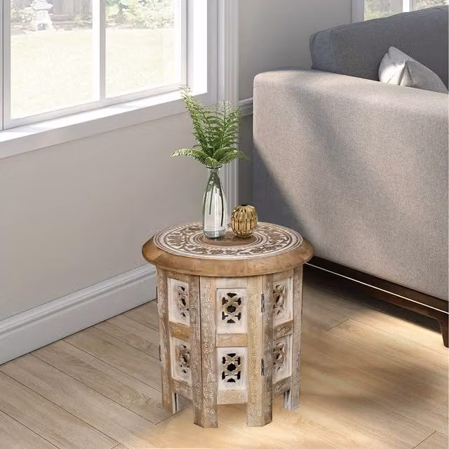 Topfurnishing Round Floral Carved Wooden Coffee Bedside End Table in Brown and Yellow, W/D/H: 30 x 30 x 30 cm