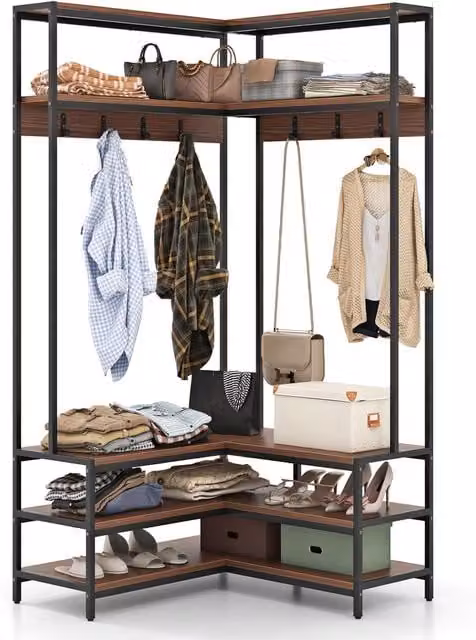 Gymax L-shaped Hall Tree with Corner Shoe Bench, Open Shelves and 7 Hooks in Dark Brown