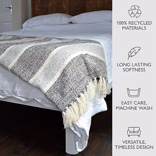 Allure Home Fashions Grey Chenille Herringbone Throw Blanket with Chevron Design and Tasselled Fringes, W: 150 cm, D: 200 cm – 3