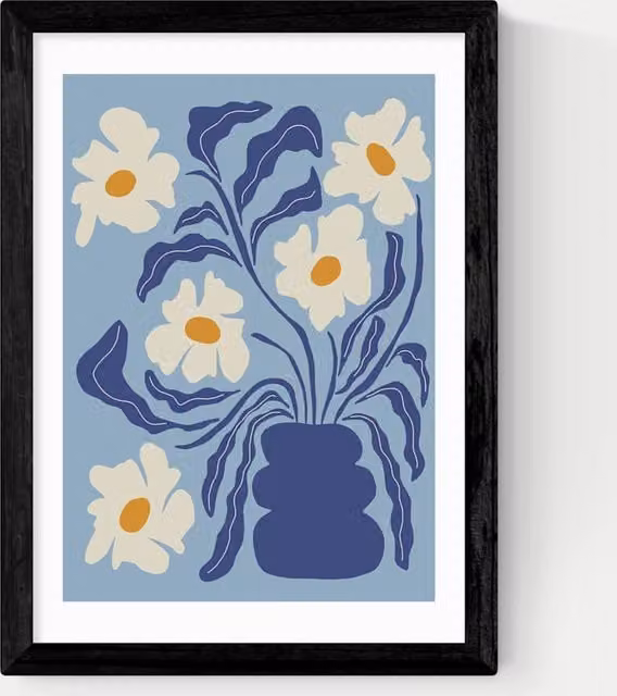 East End Prints Blue Moon Flower Pot Framed Botanical Art Print in Black and Blue