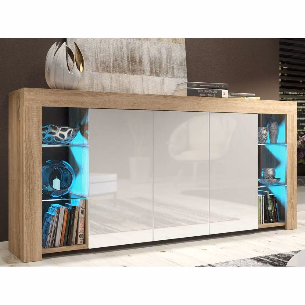 FORGEVIO Modern White and Natural Oak Wood TV Unit Stand Cabinet Sideboard with Integrated Lighting – 2