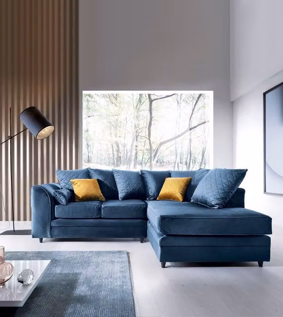 Abakus Direct Chicago Spill-Proof Velvet Right Hand Facing Corner Sofa in Dark Blue – 1