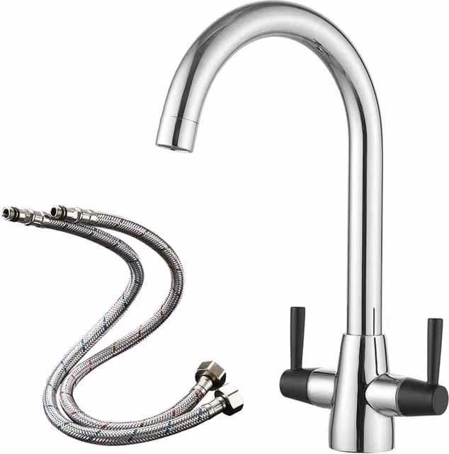 Heable Sleek Kitchen Mixer Tap with Dual Lever and Swivel Spout in Black and Silver Chrome Finish – 1