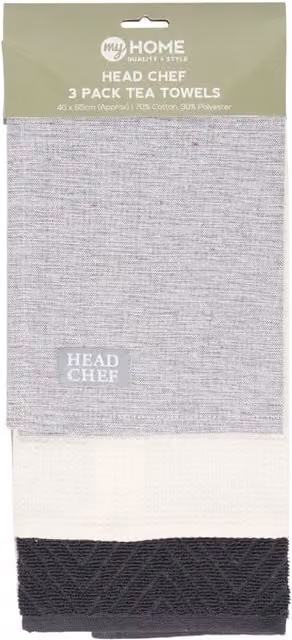 My Home Pack of 3 Grey and Multicolour Cotton Head Chef Tea Towels