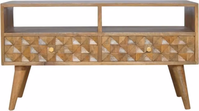 KDMK Diamond Carved Mango Wood TV Unit with 2 Drawers and 2 Slots in Orange and Brown