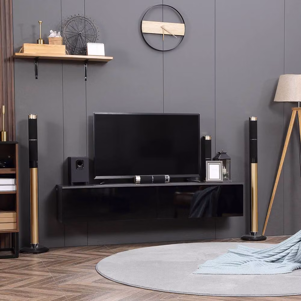 STILVORA Modern Glossy Black Floating TV Unit with 2 Cupboards – 3