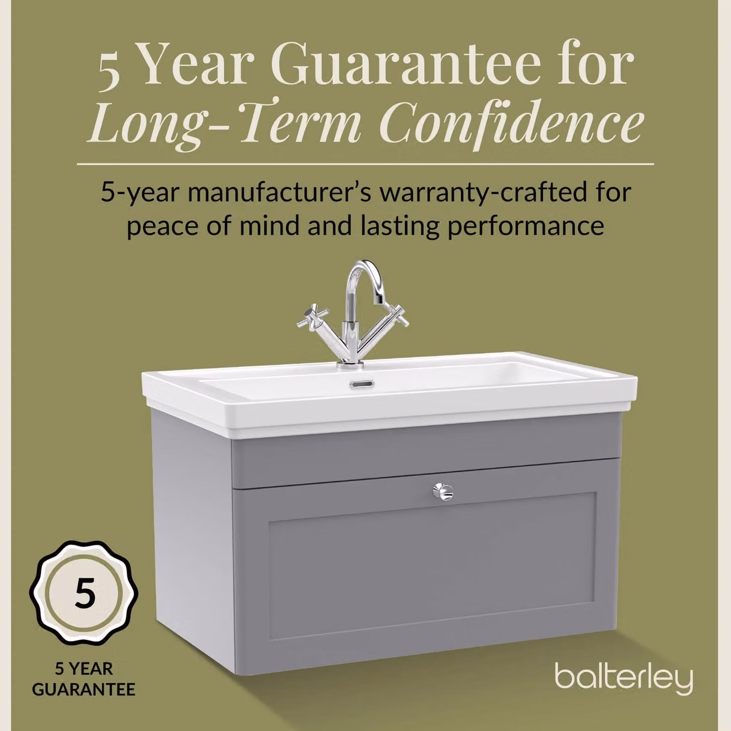 Balterley Wall Hung 1-Drawer Bathroom Vanity Unit and Fireclay Basin, Grey, Width: 80 cm – 3