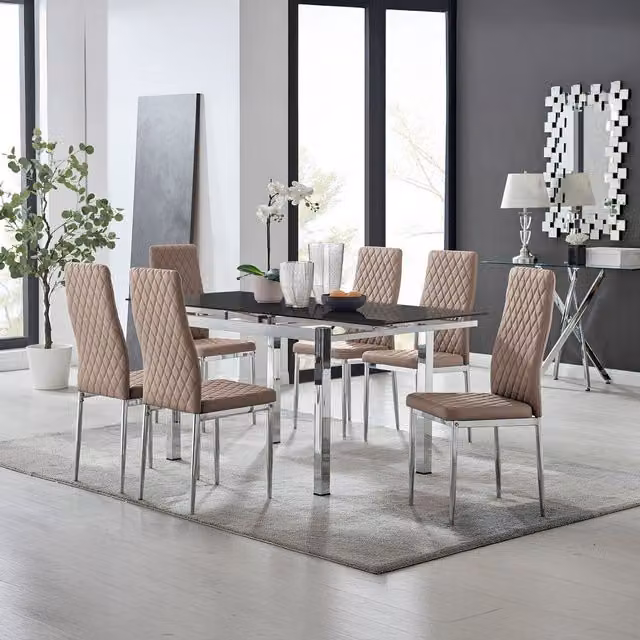 Furniturebox Enna Black Glossy Glass Extending Rectangular Kitchen Dining Table and 6 Milan Chairs in Cappuccino