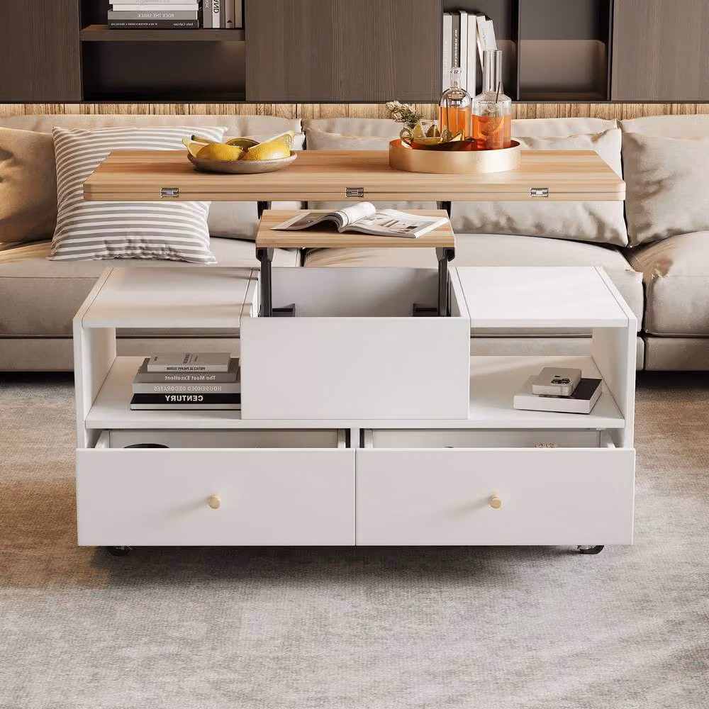 STILVORA Modern Lift-Top Coffee Table with Castors in White – 2