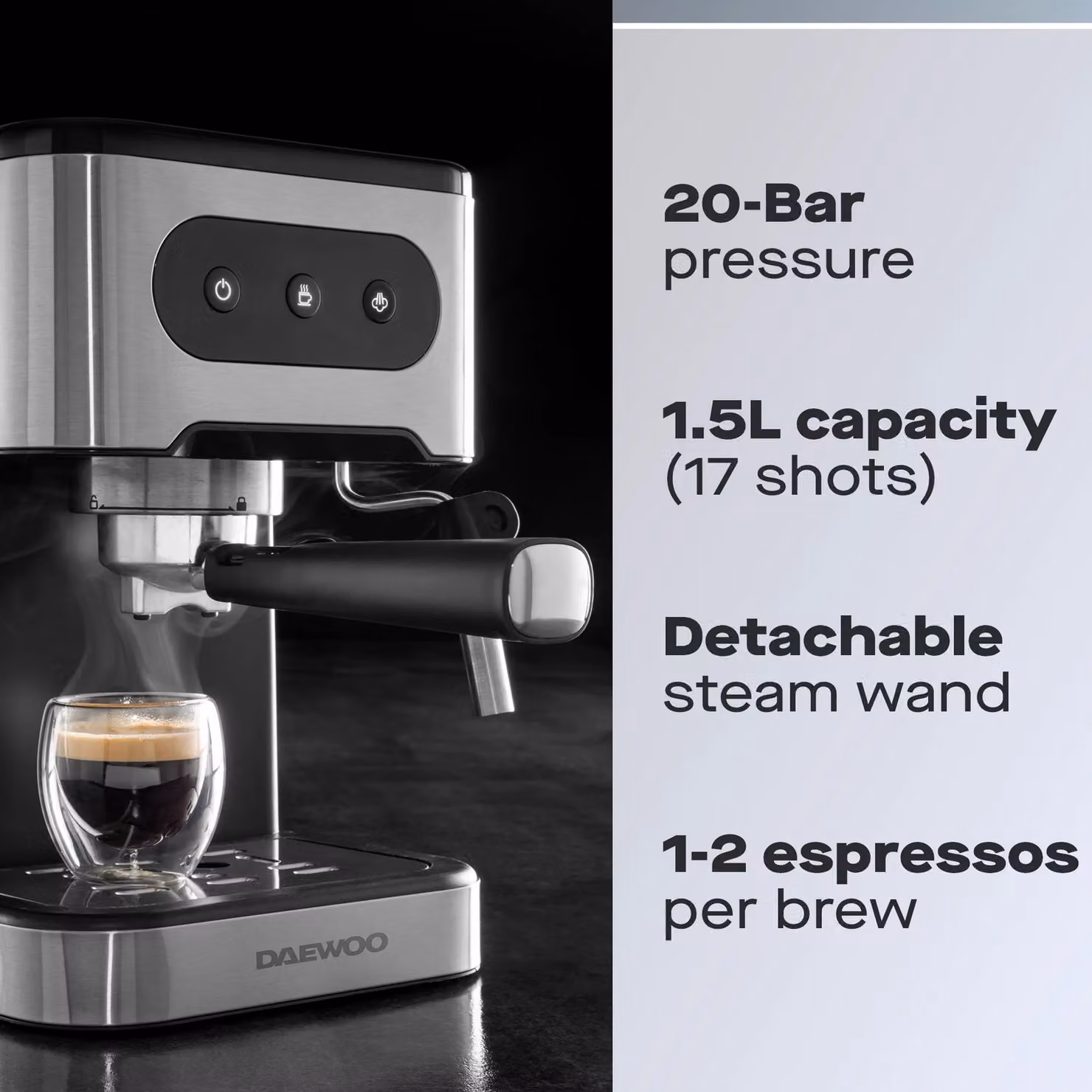 Daewoo Flava 20 Bar Dual Cup Espresso Coffee Machine with Milk Frother and Steam Wand, Silver, 1.5 l – 3