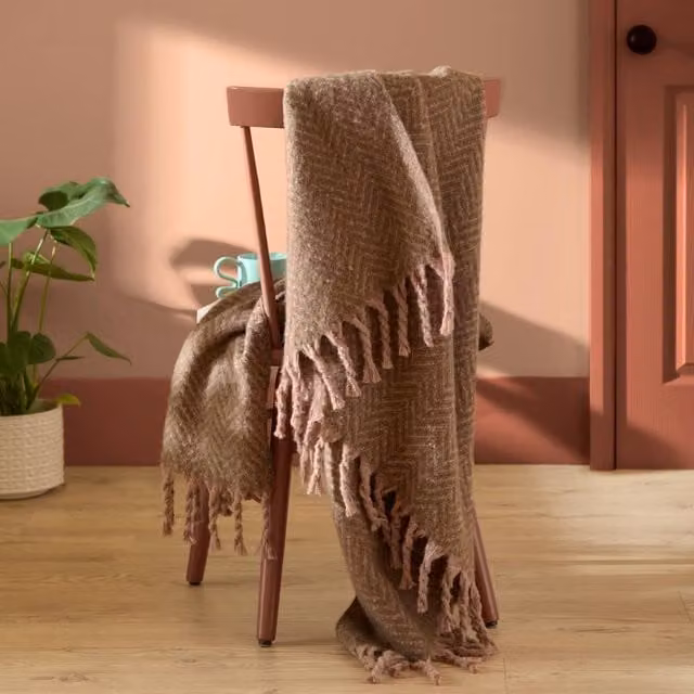 Furn Tweedie Brushed Herringbone Woven Throw with Fringes in Brown, W: 130 cm, L: 180 cm