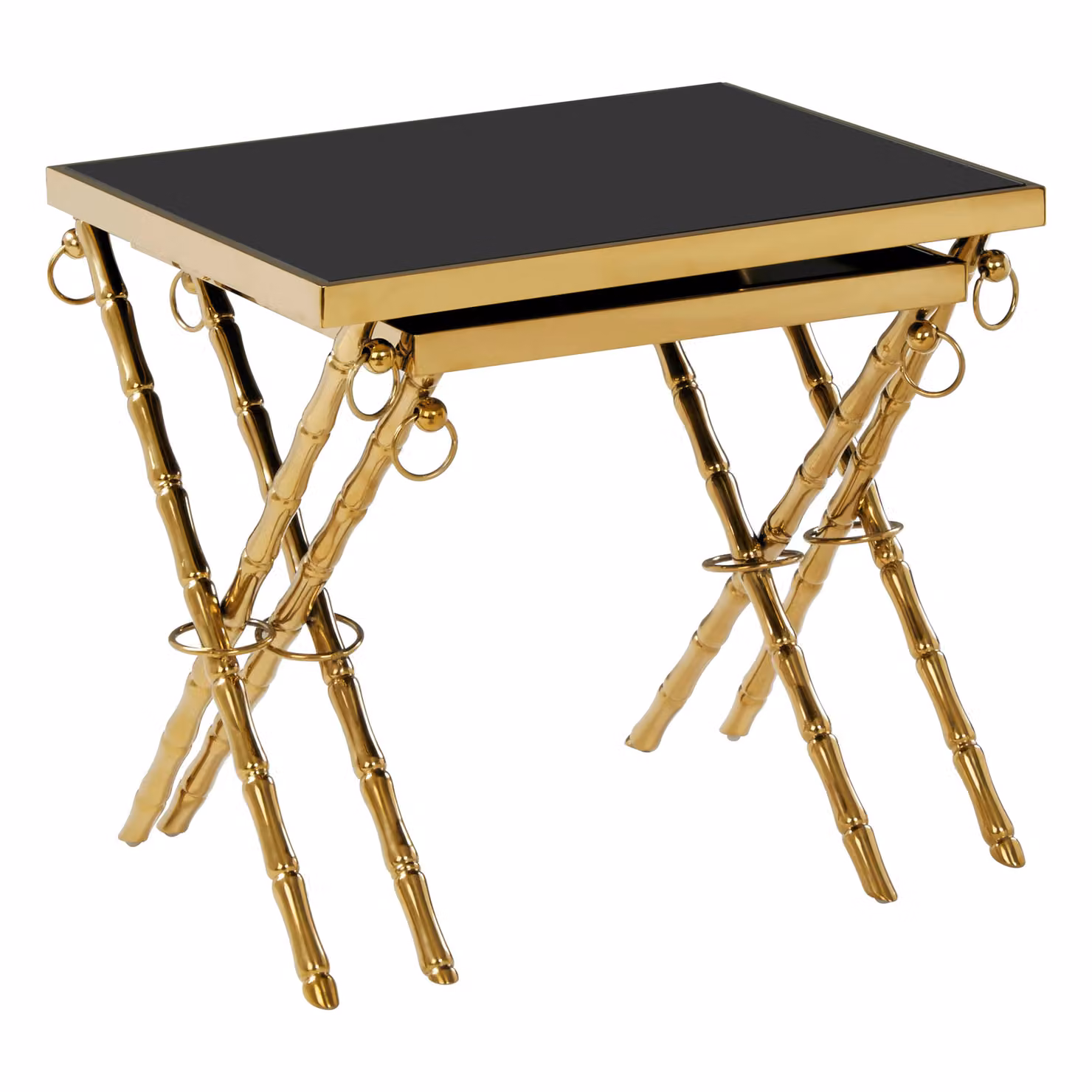Orsina Set of 2 Modern Square Nesting Tables with Glass Tops and Metal Legs in Gold and Black – 3