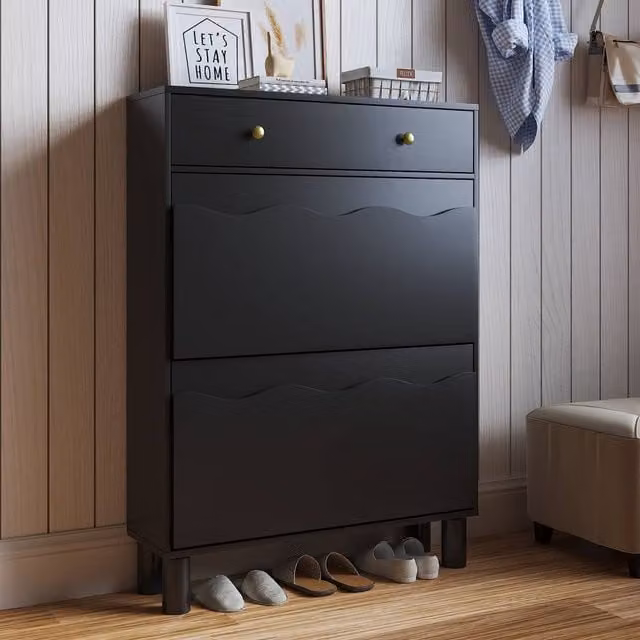 KEEPREAPER Modern Black Wood Shoe Cabinet with 2 Tilting Compartments and 1 Pull-Out Drawer