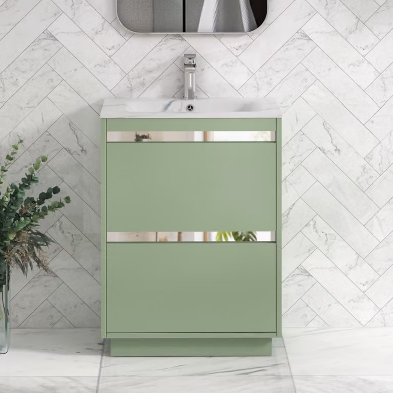 Royal Bathrooms Orion 600mm Floor Standing 2 Drawer Vanity Unit in Mint Sage with Carrara White Basin and Chrome Accent Trim