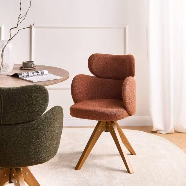 Wyld and Coco Swivel Dining Chair in Orange Boucle with Oak Wood Arms – 1