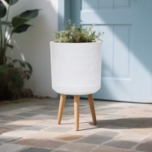 Simpa Urban 12L Round Plastic Planter with Wooden Legs in White, H 40 cm x Dia 25 cm – 4