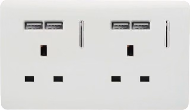 Trendi 2 Gang 13 Amp Double Switched Electrical Wall Plug Socket with 4 USB Type A Charging Ports in White – 1