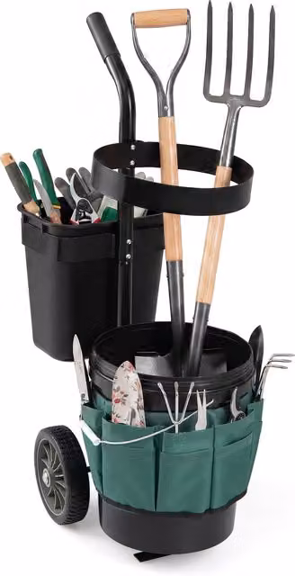 COSTWAY Green Metal Rolling Garden Cart with Bucket