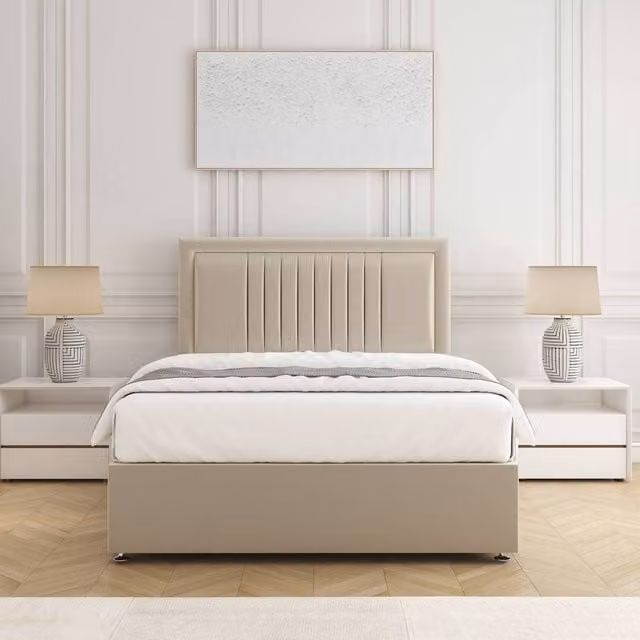 BSSPOKE Canes Divan Bed Set with 24 inch Headboard and Mattress in Beige Plush Velvet, Single, W/D/H: 90 x 190 cm