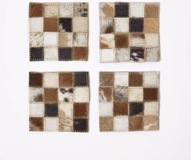Homescapes Checked Brown and Multicolour Leather Coaster Set of 4