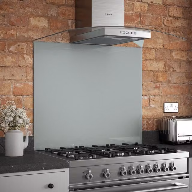 Generic Glossy Stone Look Glass Kitchen Splashback in Grey, W: 90 cm, H: 75 cm, D: 0.6 cm