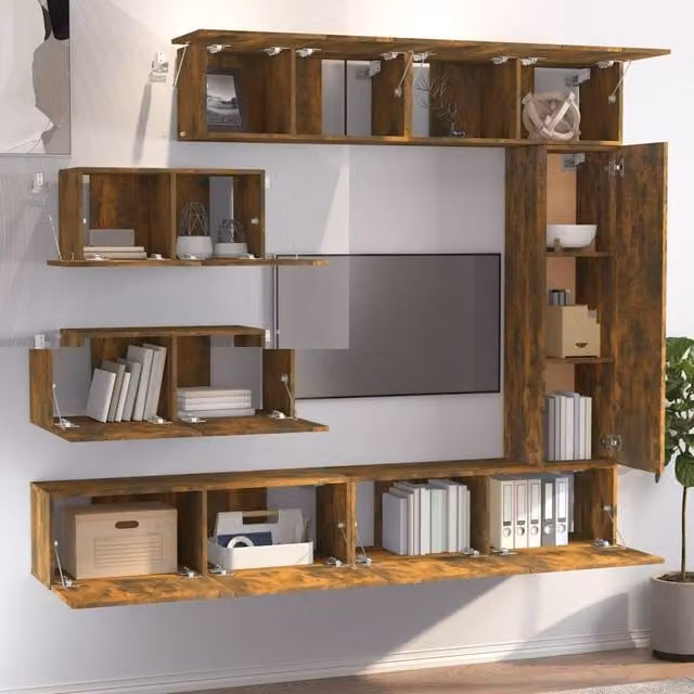 Berkfield Home Classic 7 Piece TV Cabinet Set in Smoked Oak Brown with Integrated Lighting, W/D/H: 110 x 30 x 30 cm – 1