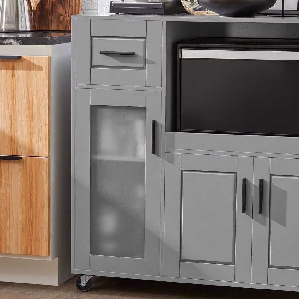 SoBuy Grey Rustic Kitchen Trolley with Glass Doors and Appliance Housing Unit – 4