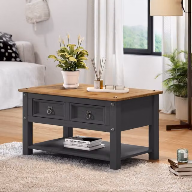 Mercers Furniture Corona 2 Drawer Coffee Table in Distressed Charcoal Grey Solid Mexican Pine Wood, W/D/H: 85 x 50 x 45 cm