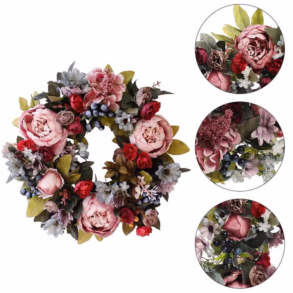 NESTLUNE Multicolour Artificial Peony Flower Wreath with Rattan and Textile Leaves, Diameter: 100 cm, Width: 15 cm – 3