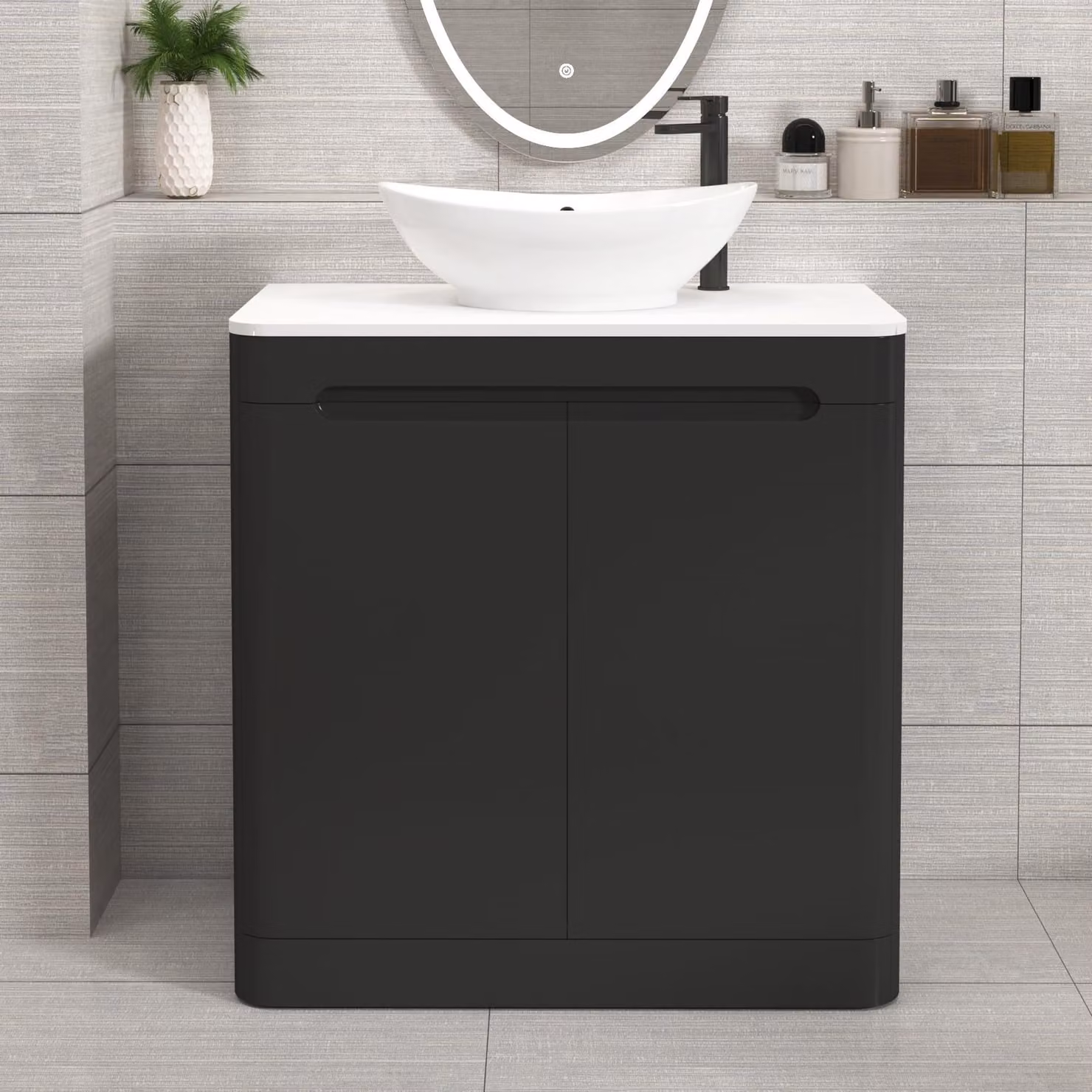 Royal Bathrooms Venice 800mm Matt Nocturne Black Floor Standing 2 Door Vanity Unit with Plain White Worktop and Amaze Basin