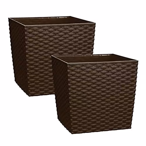 Simpa Cubie Rattan Plastic Planters, Brown, Set of 2 Pots, Diameter: 19 cm – 1