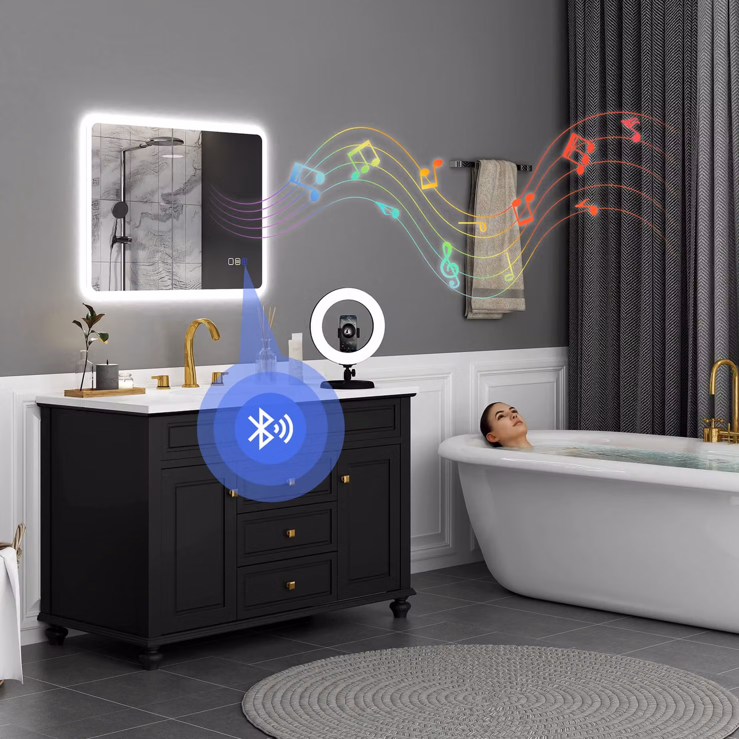 HOMCOM Silver Backlit Illuminated Bathroom Mirror with LED Lights and Bluetooth, W: 60 cm, H: 80 cm – 2