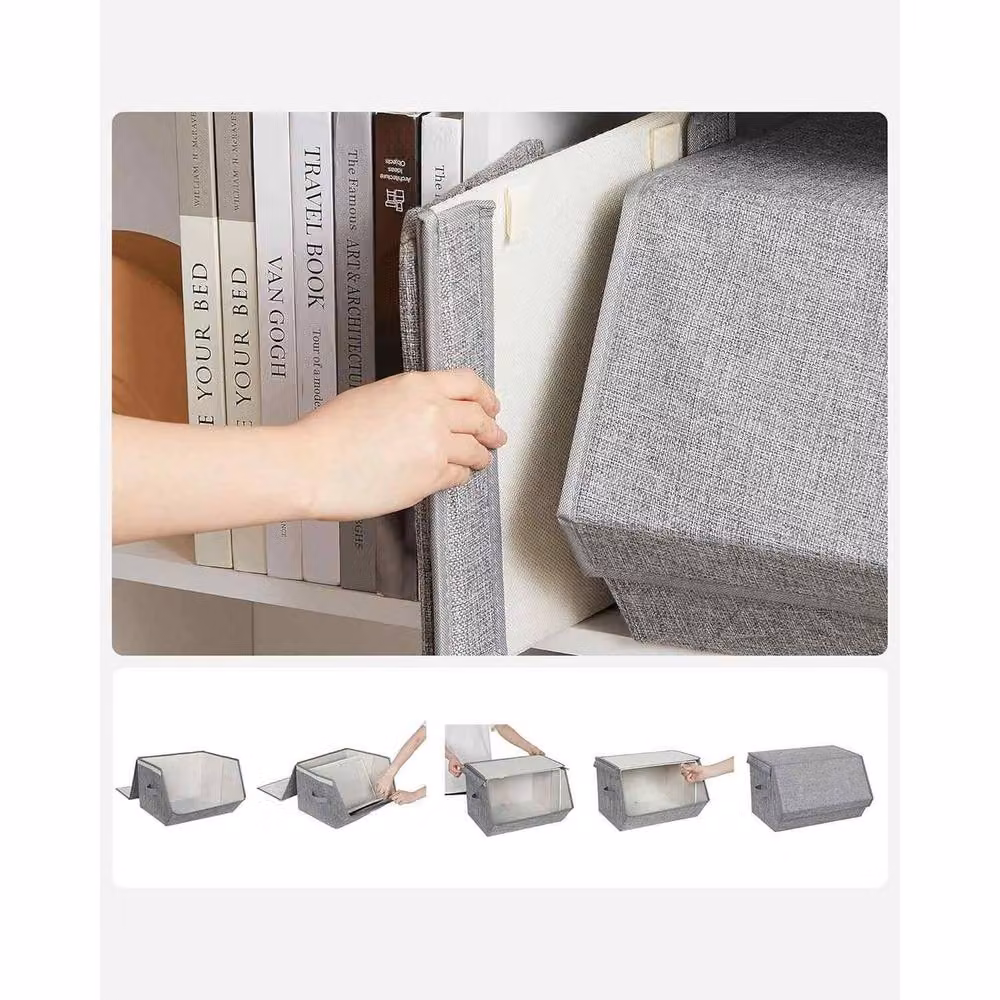 The Bazaarist Pack of 4 Stackable Fabric Storage Bins with Lids, Grey – 3
