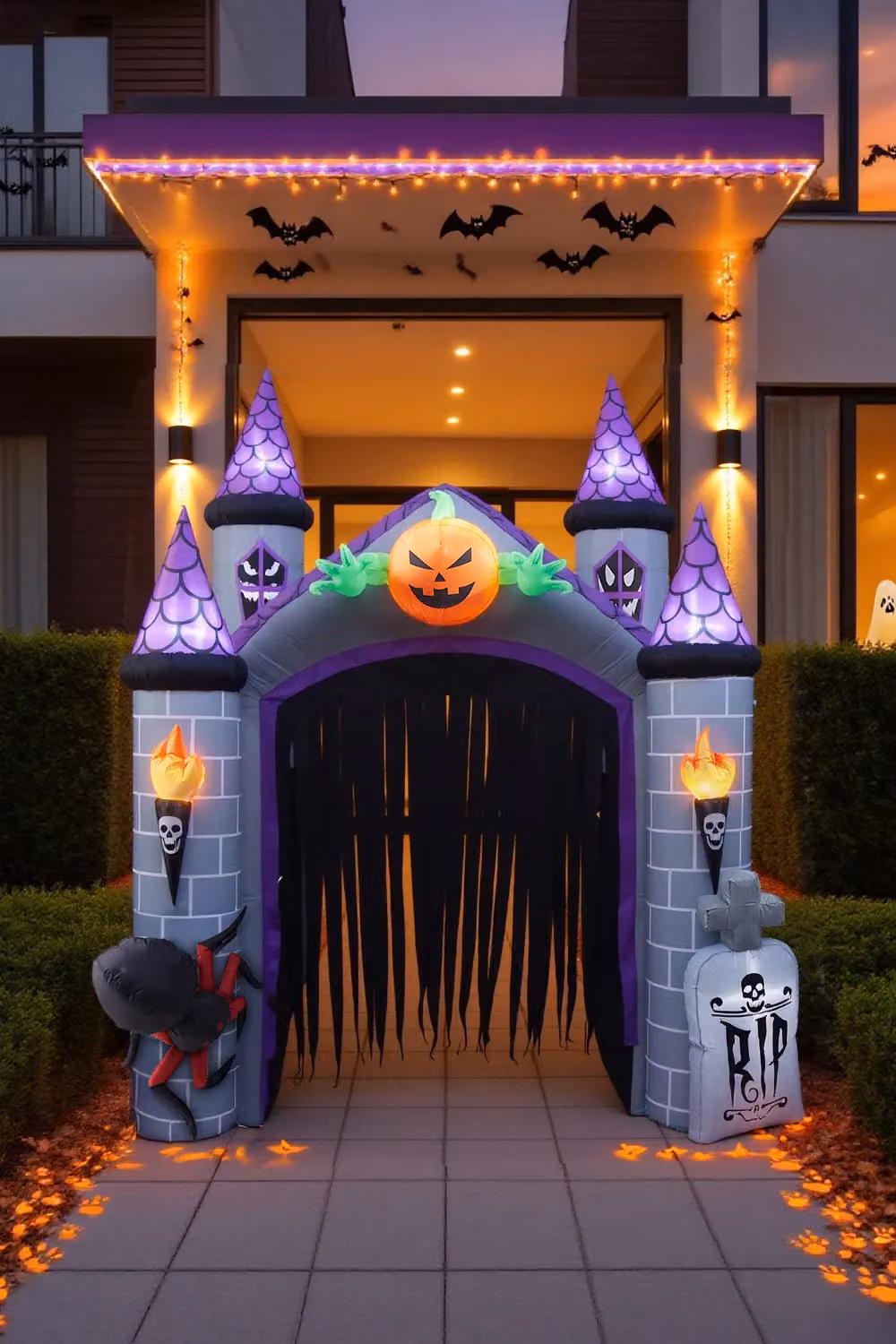 Living and Home Multicolour Halloween Light-Up Inflatable Castle Arch with Towers, Torches, Spiders and Tombstones for Outdoor Yard and Party Decoration, W/D/H: 230 x 280 x 350 cm – 2