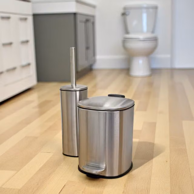 Capri 3L Silver Stainless Steel Pedal Bin and Toilet Brush Set with Soft Close Lid and Removable Inner Bucket, H 23.0 x W 21.0 x D 23.0 cm